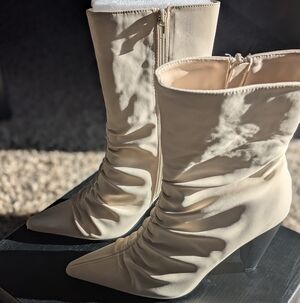 Lulus Size 9 Elegant Ruched Boots, Bone Color